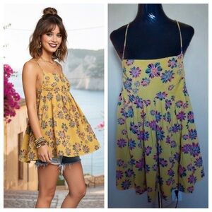 Free People M Indigo Molly Tunic NWT Yellow Floral Babydoll Tank Top Boho